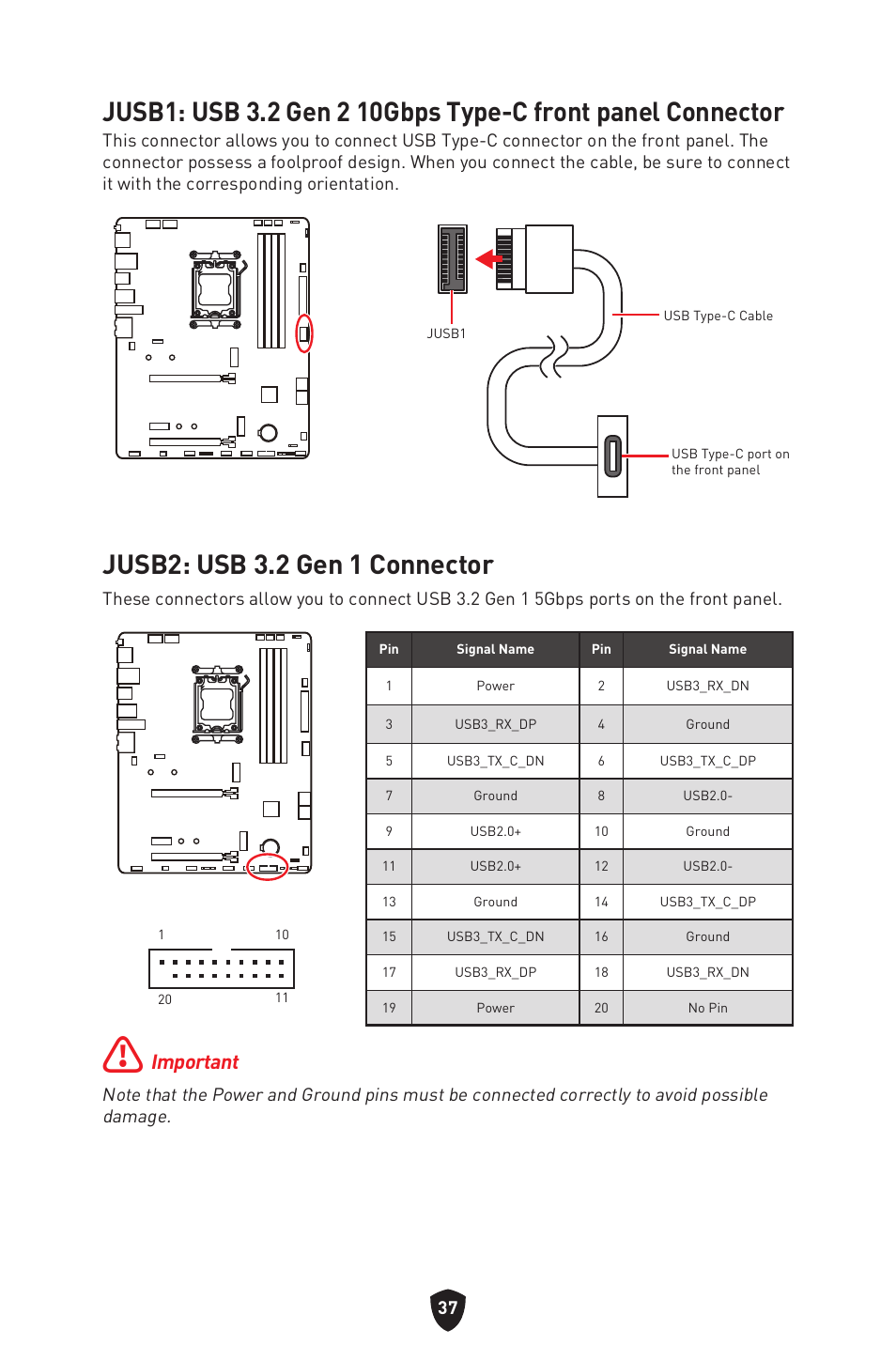 Jusb2: usb 3.2 gen 1 connector, Important | MSI B650 GAMING PLUS WIFI AM5 ATX Motherboard User Manual | Page 39 / 436