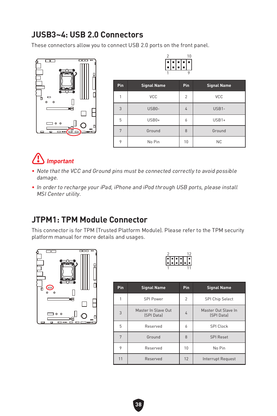 Jusb3~4: usb 2.0 connectors, Jtpm1: tpm module connector, Important | MSI B650 GAMING PLUS WIFI AM5 ATX Motherboard User Manual | Page 40 / 436