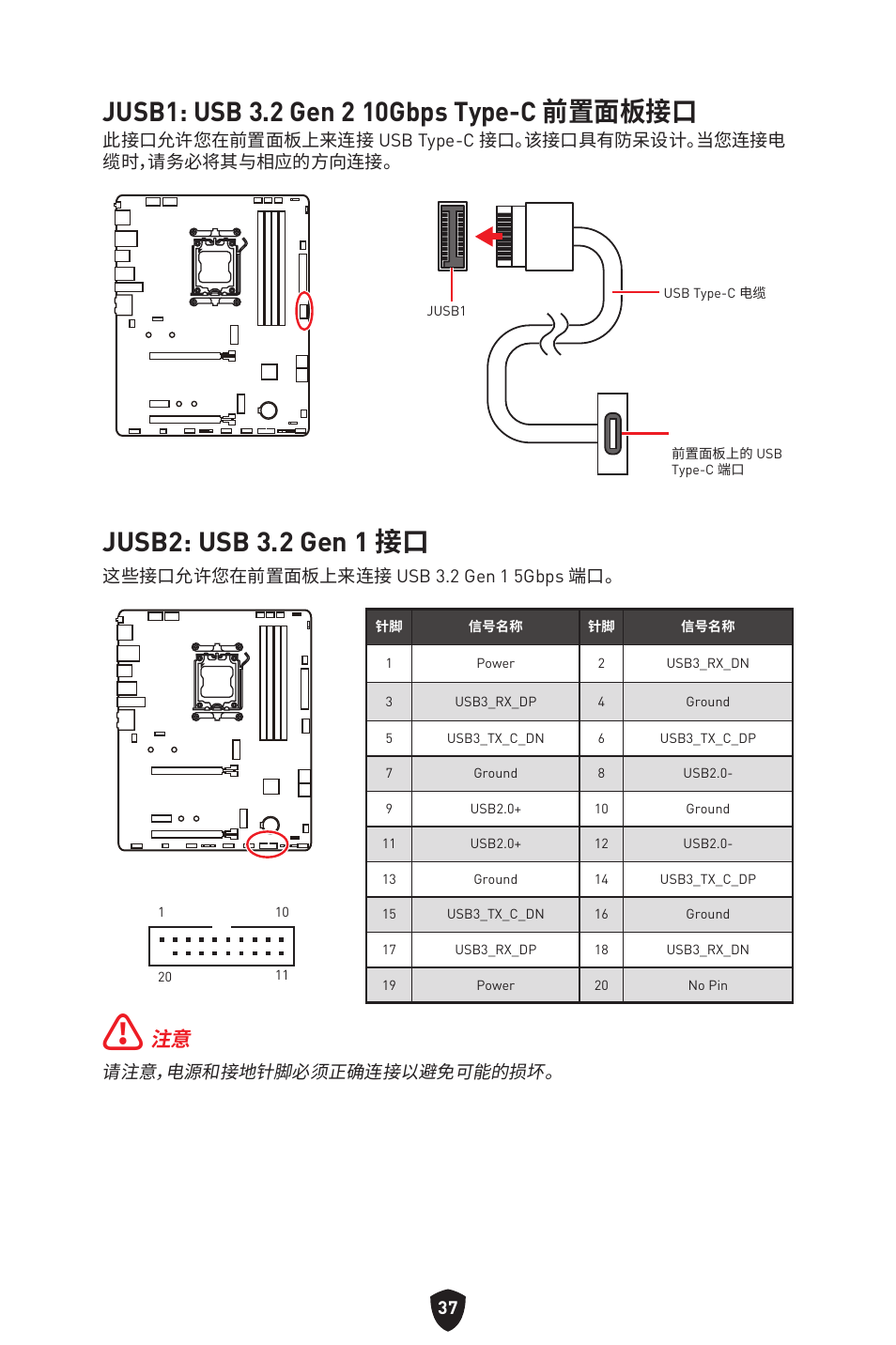 Jusb1: usb 3.2 gen 2 10gbps type-c 前置面板接口, Jusb2: usb 3.2 gen 1 接口 | MSI B650 GAMING PLUS WIFI AM5 ATX Motherboard User Manual | Page 410 / 436