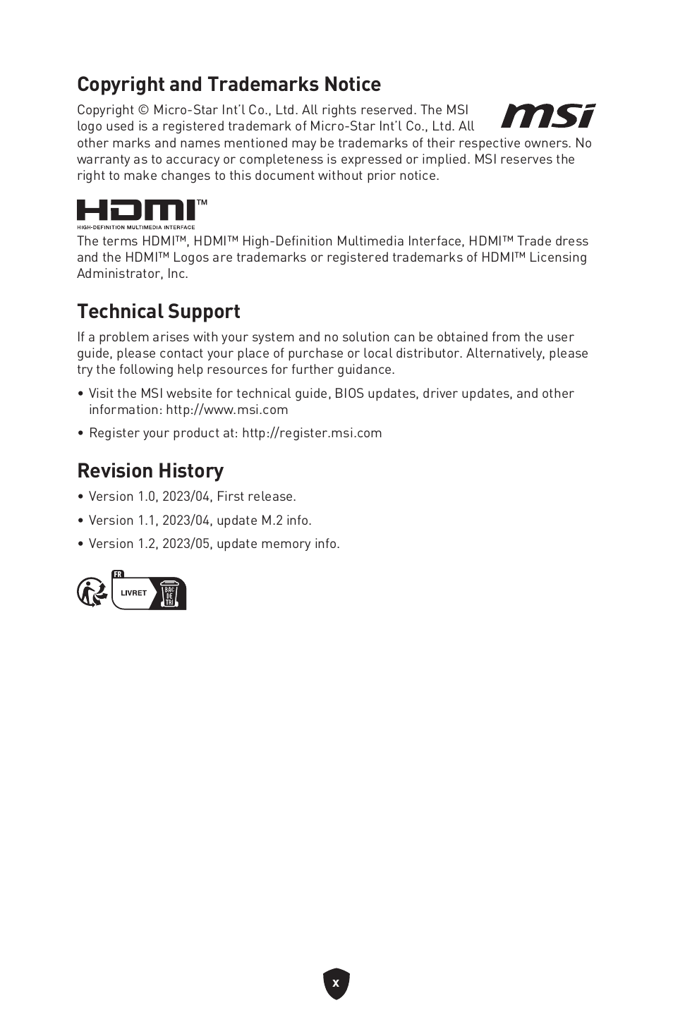 Copyright and trademarks notice, Technical support, Revision history | MSI B650 GAMING PLUS WIFI AM5 ATX Motherboard User Manual | Page 436 / 436
