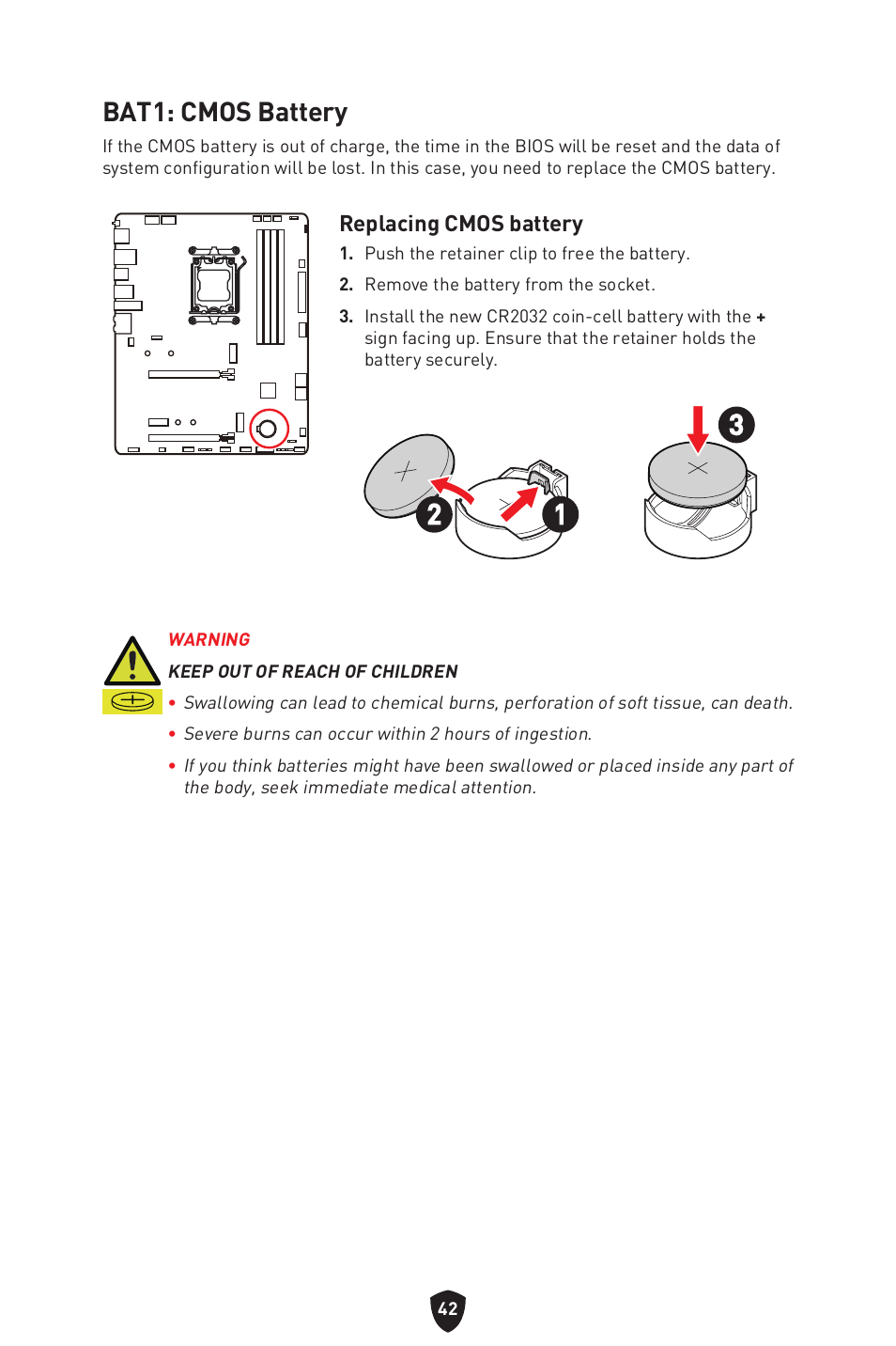 Bat1: cmos battery | MSI B650 GAMING PLUS WIFI AM5 ATX Motherboard User Manual | Page 44 / 436