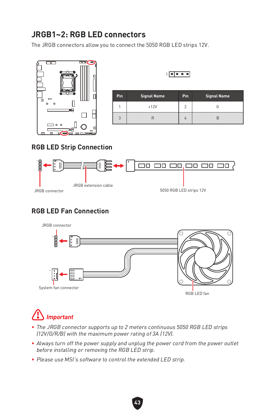Jrgb1~2: rgb led connectors, Rgb led strip connection, Rgb led fan connection | Important | MSI B650 GAMING PLUS WIFI AM5 ATX Motherboard User Manual | Page 45 / 436