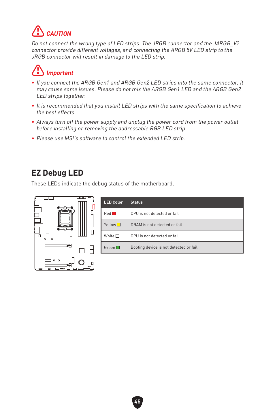 Ez debug led | MSI B650 GAMING PLUS WIFI AM5 ATX Motherboard User Manual | Page 47 / 436