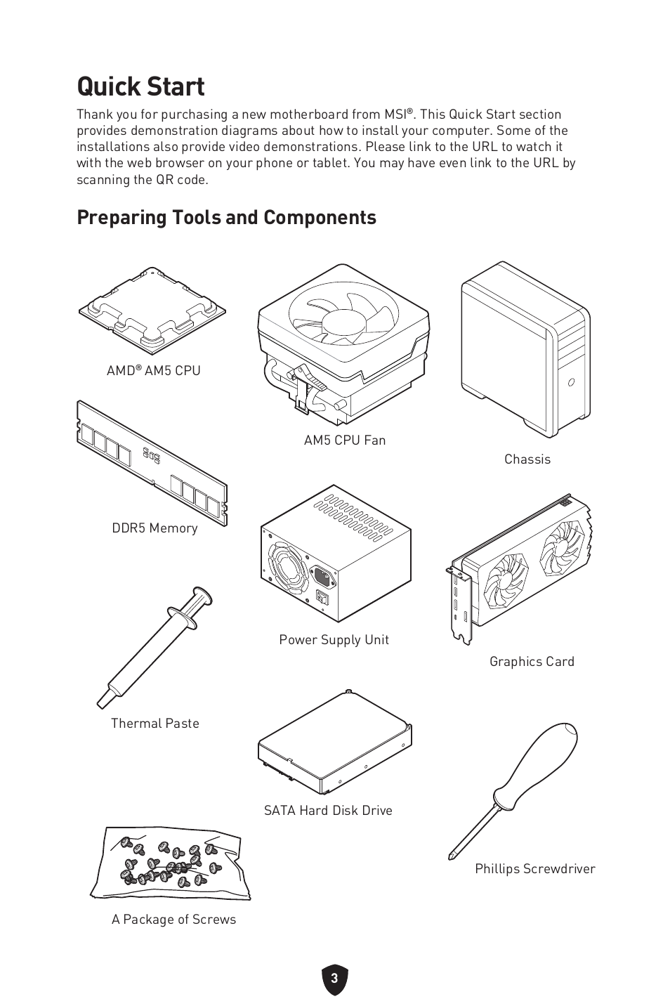 Quick start, Preparing tools and components | MSI B650 GAMING PLUS WIFI AM5 ATX Motherboard User Manual | Page 5 / 436