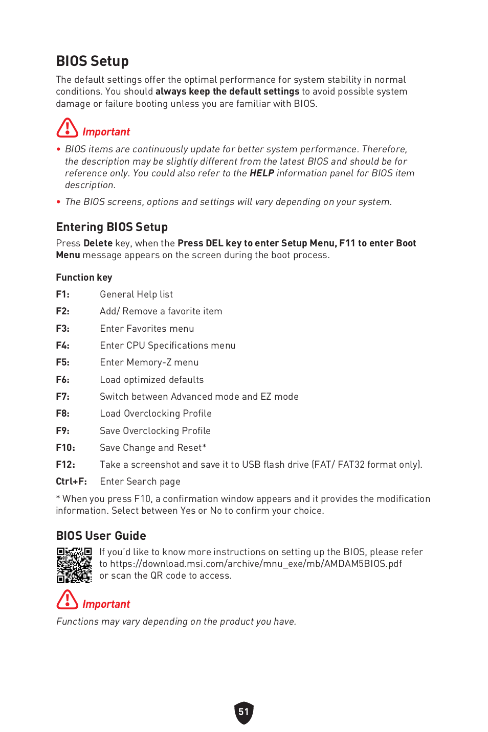 Bios setup | MSI B650 GAMING PLUS WIFI AM5 ATX Motherboard User Manual | Page 53 / 436