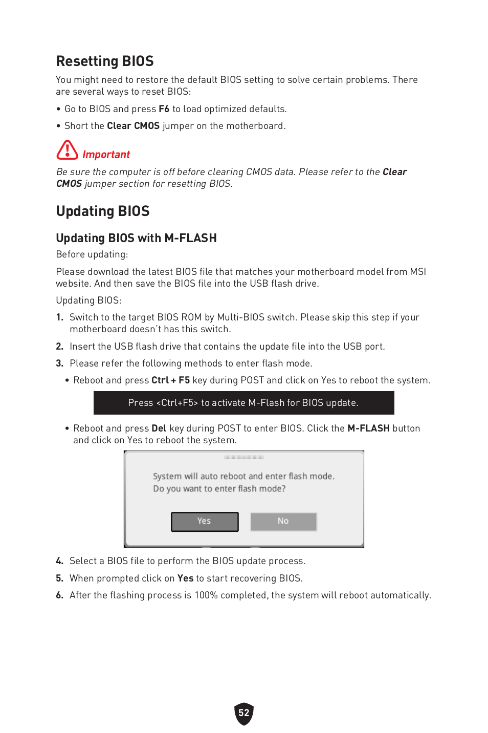 Resetting bios, Updating bios, Resetting bios updating bios | Updating bios with m-flash | MSI B650 GAMING PLUS WIFI AM5 ATX Motherboard User Manual | Page 54 / 436