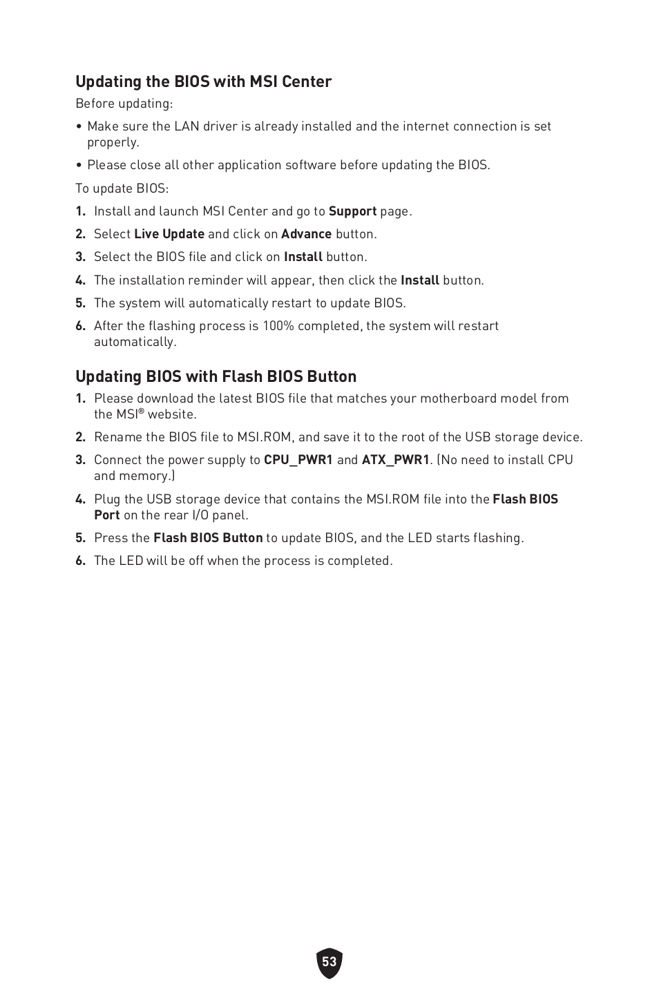 Updating the bios with msi center, Updating bios with flash bios button | MSI B650 GAMING PLUS WIFI AM5 ATX Motherboard User Manual | Page 55 / 436