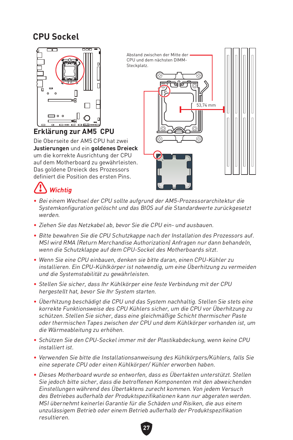 Cpu sockel, Erklärung zur am5 cpu | MSI B650 GAMING PLUS WIFI AM5 ATX Motherboard User Manual | Page 82 / 436