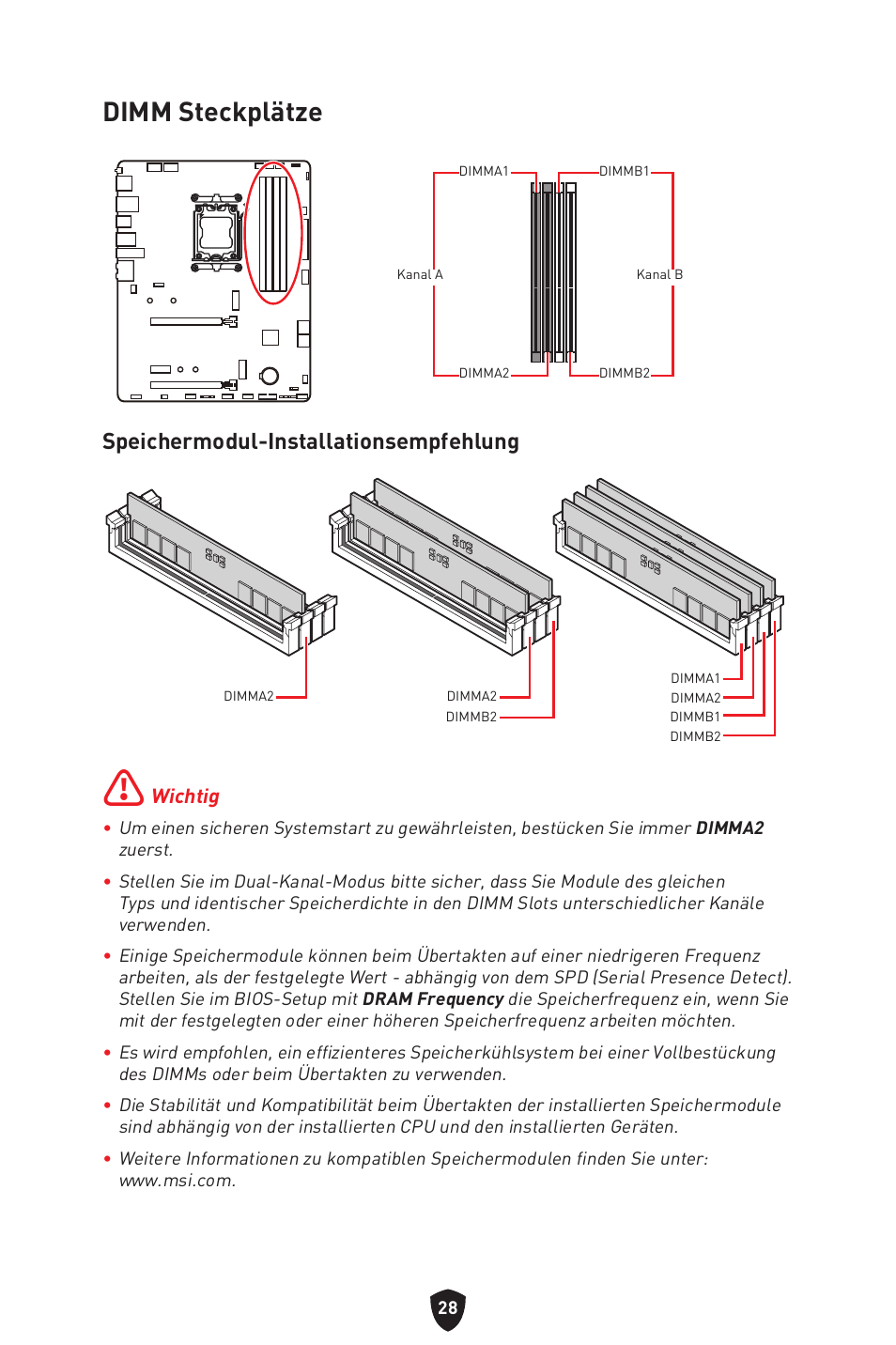 Dimm steckplätze, Speichermodul-installationsempfehlung | MSI B650 GAMING PLUS WIFI AM5 ATX Motherboard User Manual | Page 83 / 436