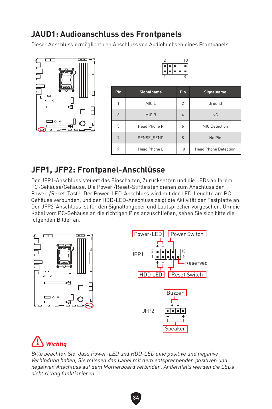 Jaud1: audioanschluss des frontpanels, Jfp1, jfp2: frontpanel-anschlüsse, Wichtig | MSI B650 GAMING PLUS WIFI AM5 ATX Motherboard User Manual | Page 89 / 436
