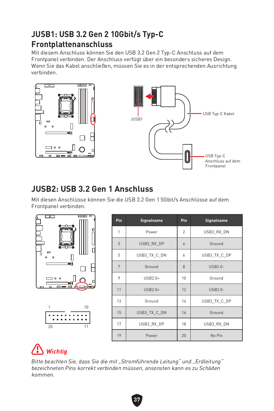 Jusb2: usb 3.2 gen 1 anschluss, Wichtig | MSI B650 GAMING PLUS WIFI AM5 ATX Motherboard User Manual | Page 92 / 436