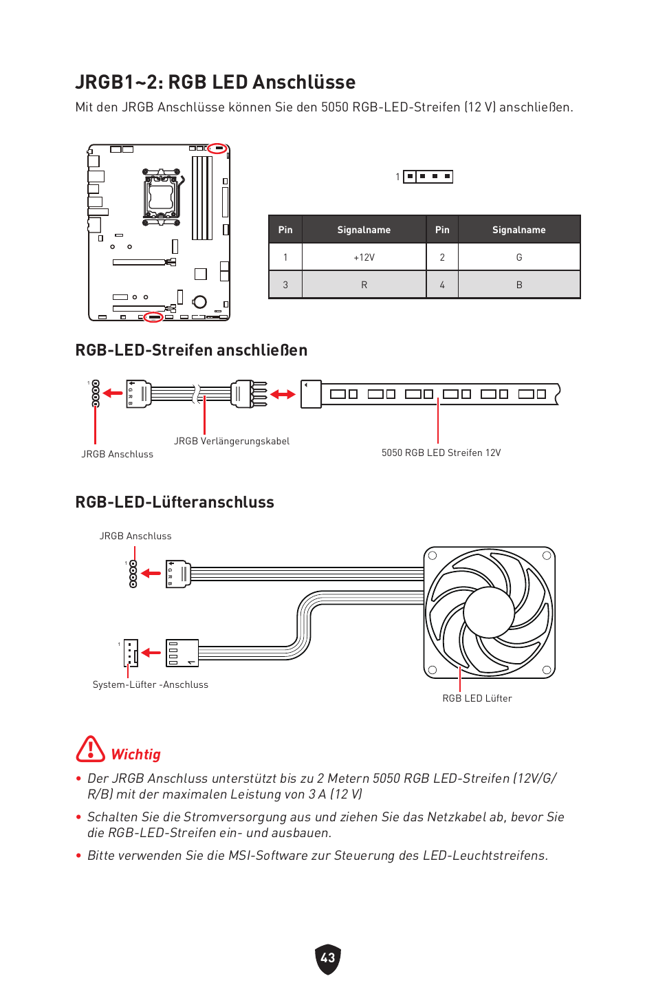 Jrgb1~2: rgb led anschlüsse, Rgb-led-streifen anschließen, Rgb-led-lüfteranschluss | Wichtig | MSI B650 GAMING PLUS WIFI AM5 ATX Motherboard User Manual | Page 98 / 436
