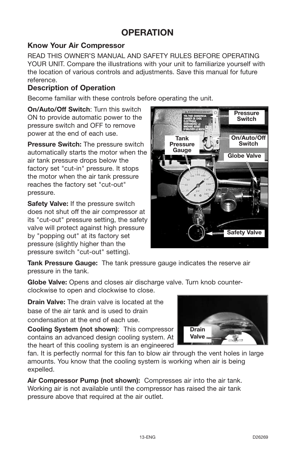 Operation, Description of operation, Know your air compressor | Delta 66-750 User Manual | Page 13 / 30