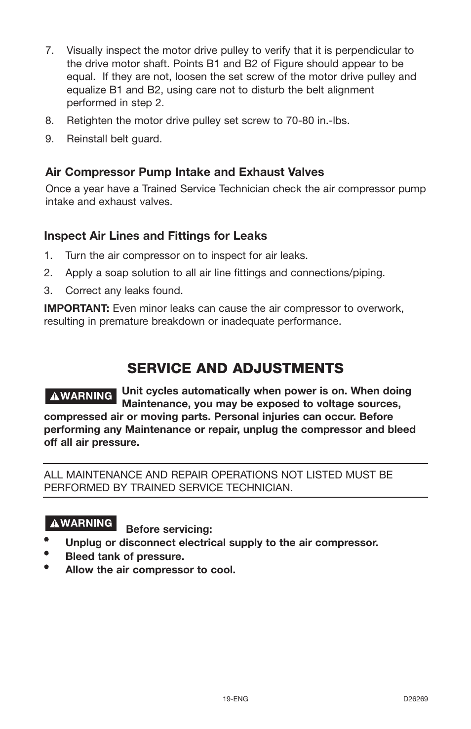 Service and adjustments, Air compressor pump intake and exhaust valves, Inspect air lines and fittings for leaks | Delta 66-750 User Manual | Page 19 / 30