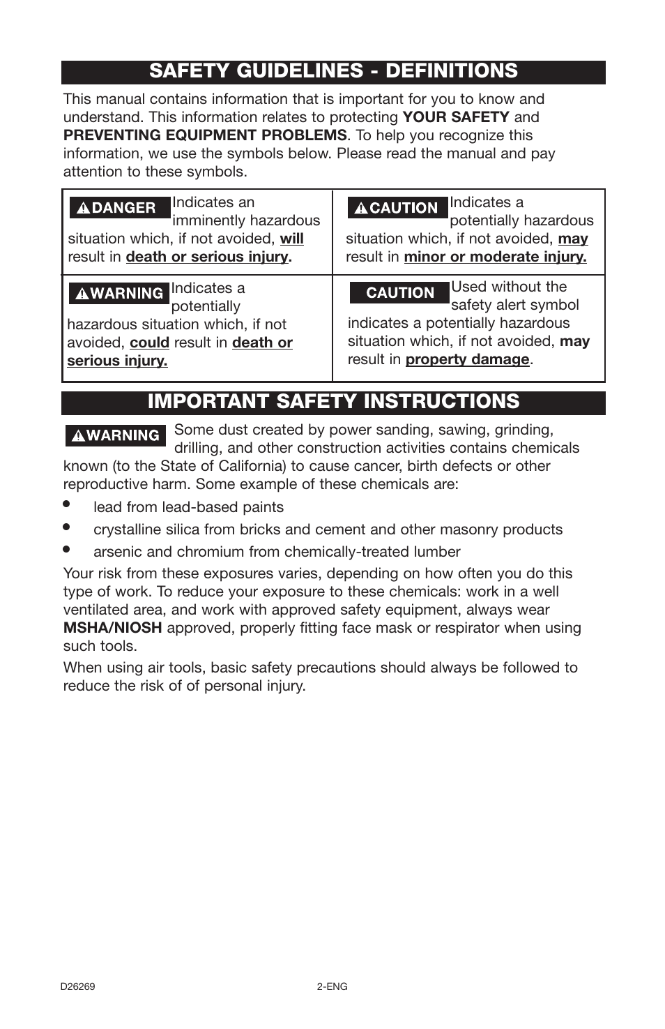 Safety guidelines - definitions, Important safety instructions | Delta 66-750 User Manual | Page 2 / 30