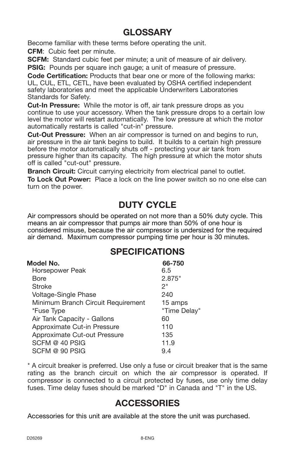 Specifications glossary, Duty cycle, Accessories | Delta 66-750 User Manual | Page 8 / 30