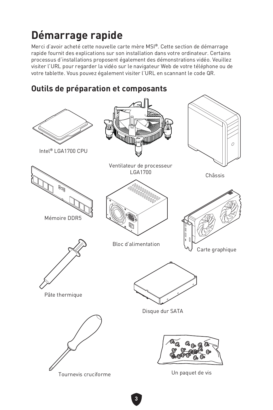 Démarrage rapide, Outils de préparation et composants | MSI MPG B760I EDGE WIFI LGA 1700 Mini-ITX Motherboard User Manual | Page 103 / 405