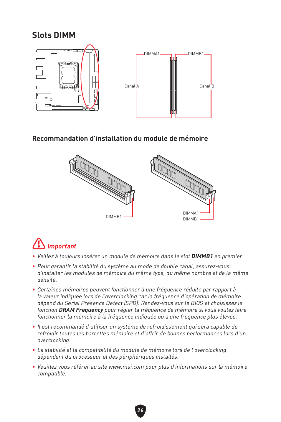 Slots dimm, Recommandation d’installation du module de mémoire | MSI MPG B760I EDGE WIFI LGA 1700 Mini-ITX Motherboard User Manual | Page 126 / 405