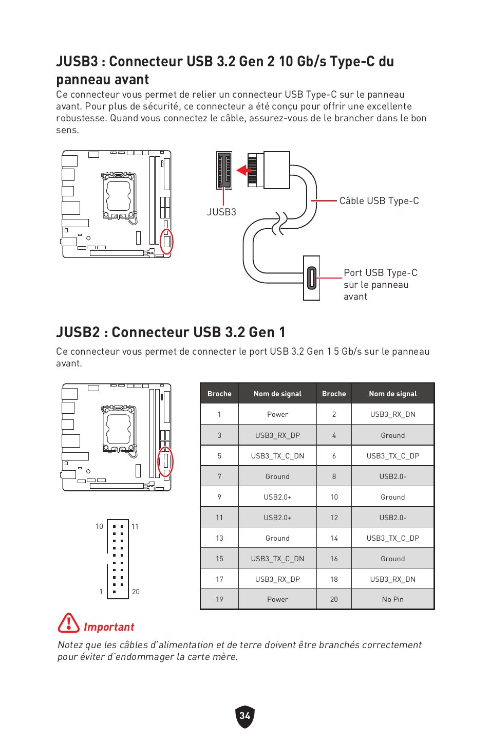 Jusb2 : connecteur usb 3.2 gen 1, Important | MSI MPG B760I EDGE WIFI LGA 1700 Mini-ITX Motherboard User Manual | Page 134 / 405