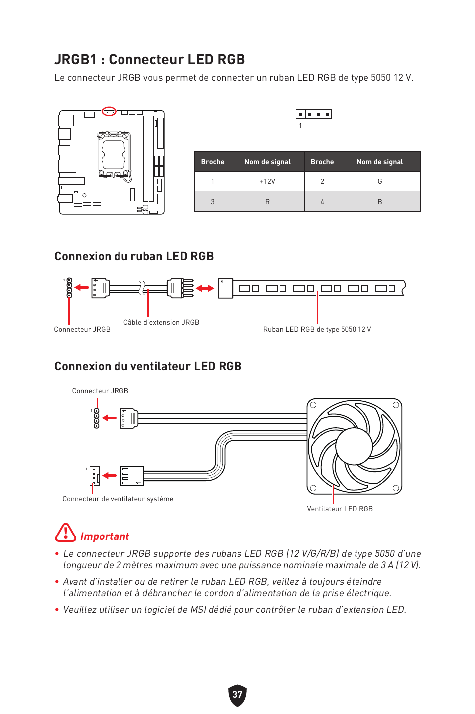 Jrgb1 : connecteur led rgb, Connexion du ruban led rgb, Connexion du ventilateur led rgb | Important | MSI MPG B760I EDGE WIFI LGA 1700 Mini-ITX Motherboard User Manual | Page 137 / 405