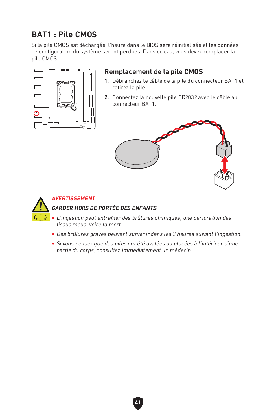 Bat1 : pile cmos, Remplacement de la pile cmos | MSI MPG B760I EDGE WIFI LGA 1700 Mini-ITX Motherboard User Manual | Page 141 / 405