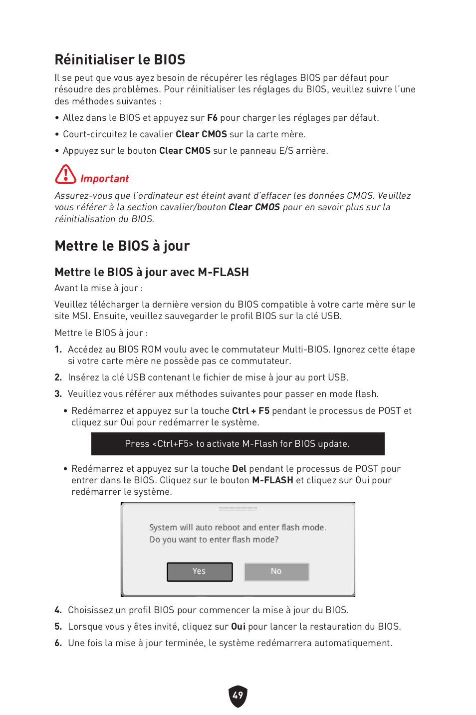 Réinitialiser le bios, Mettre le bios à jour, Réinitialiser le bios mettre le bios à jour | Mettre le bios à jour avec m-flash | MSI MPG B760I EDGE WIFI LGA 1700 Mini-ITX Motherboard User Manual | Page 149 / 405