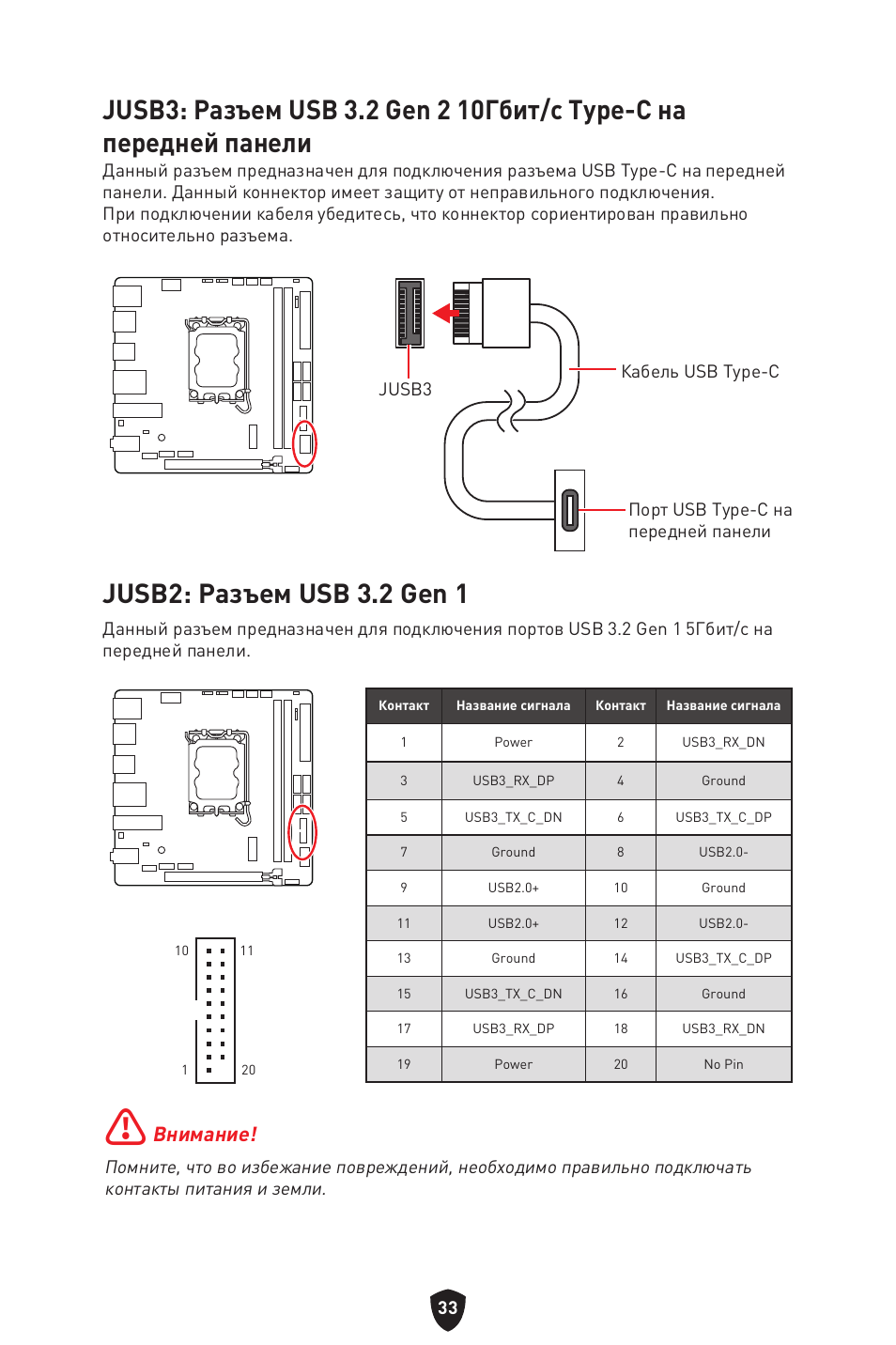 Jusb2: разъем usb 3.2 gen 1, Внимание | MSI MPG B760I EDGE WIFI LGA 1700 Mini-ITX Motherboard User Manual | Page 183 / 405