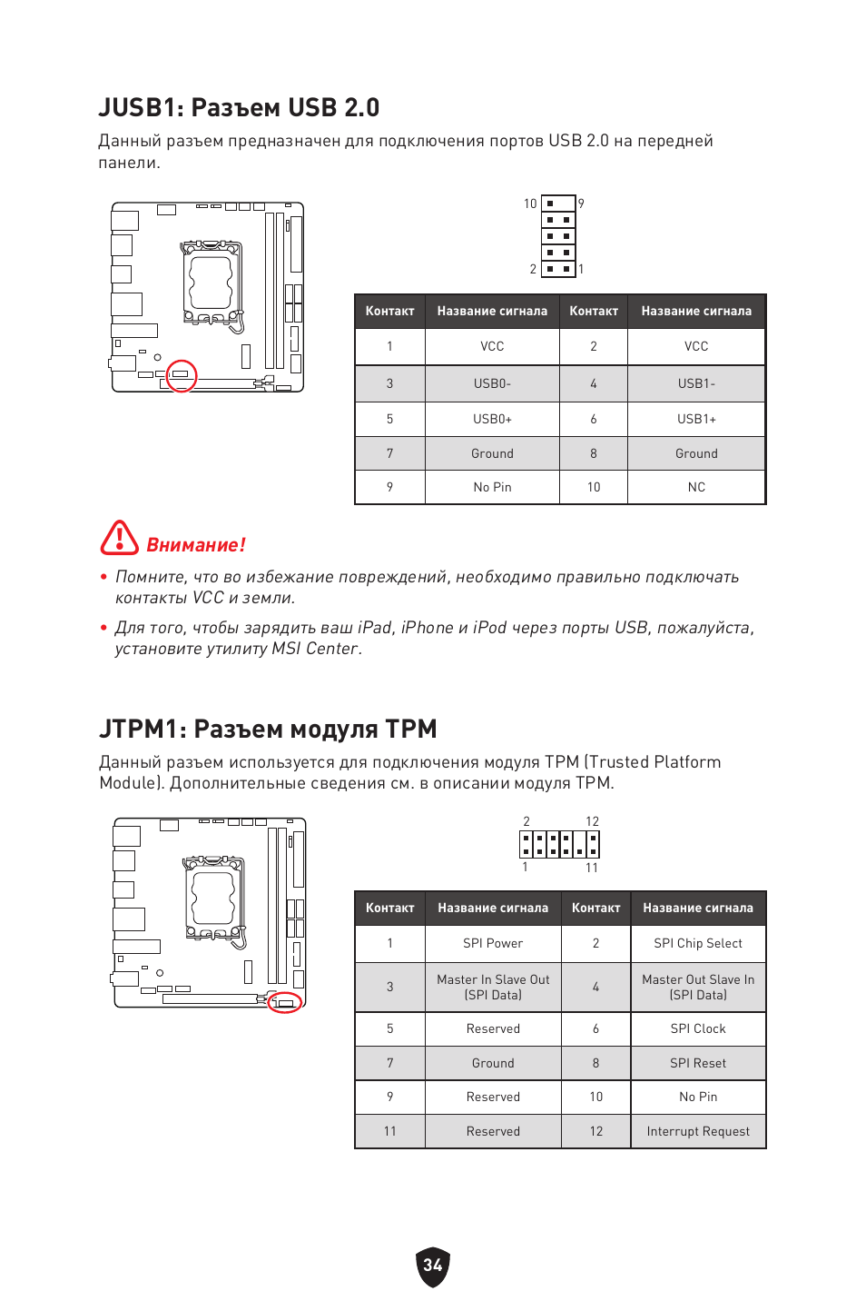 Jusb1: разъем usb 2.0, Jtpm1: разъем модуля трм, Внимание | MSI MPG B760I EDGE WIFI LGA 1700 Mini-ITX Motherboard User Manual | Page 184 / 405