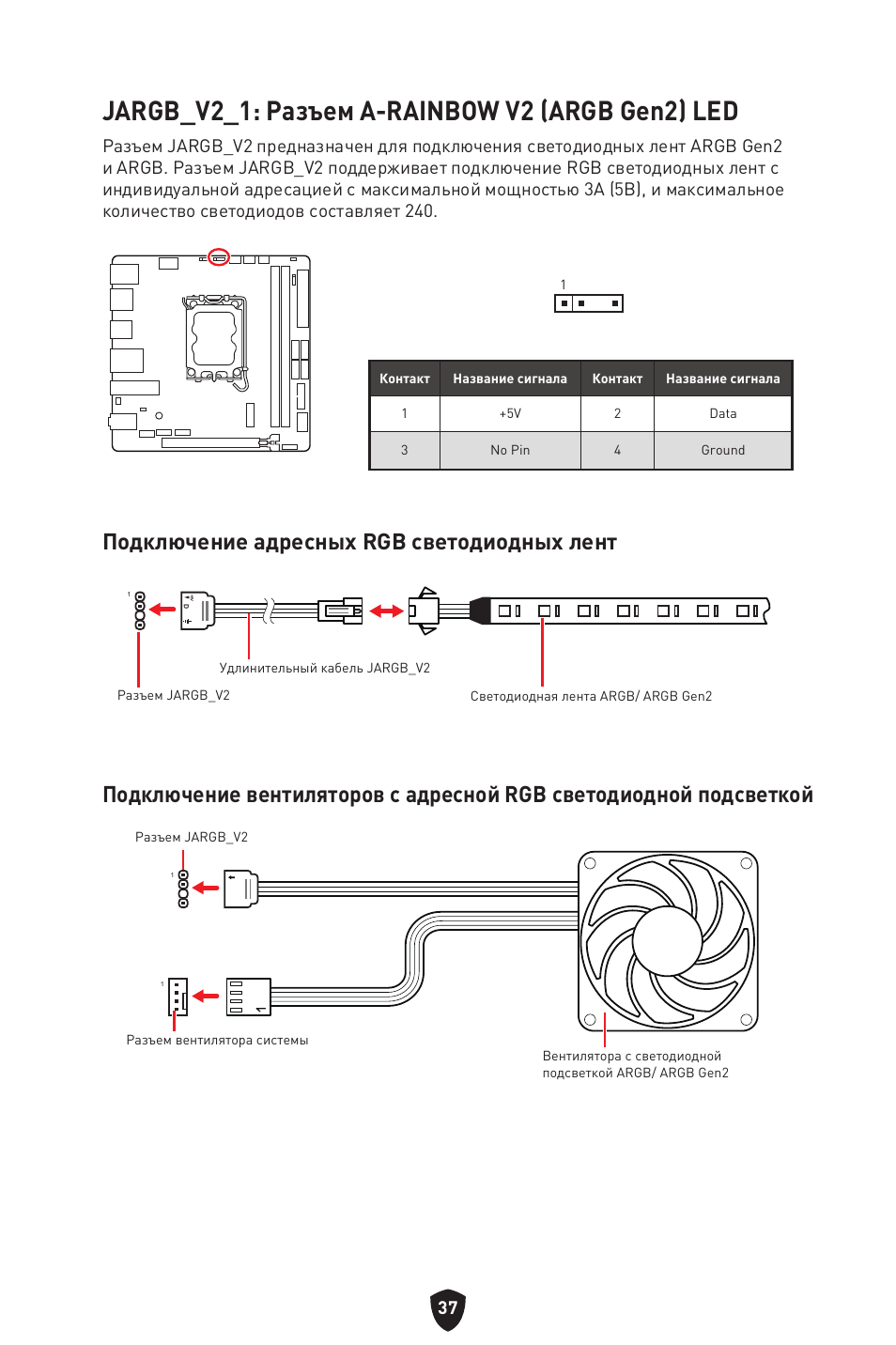 Jargb_v2_1: разъем a-rainbow v2 (argb gen2) led | MSI MPG B760I EDGE WIFI LGA 1700 Mini-ITX Motherboard User Manual | Page 187 / 405