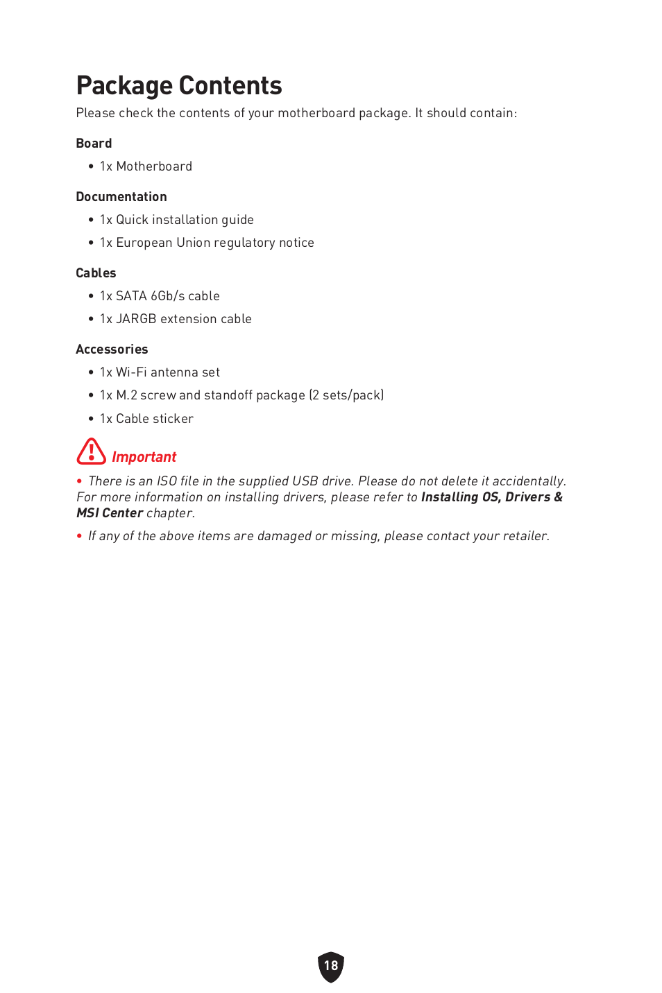 Package contents | MSI MPG B760I EDGE WIFI LGA 1700 Mini-ITX Motherboard User Manual | Page 20 / 405