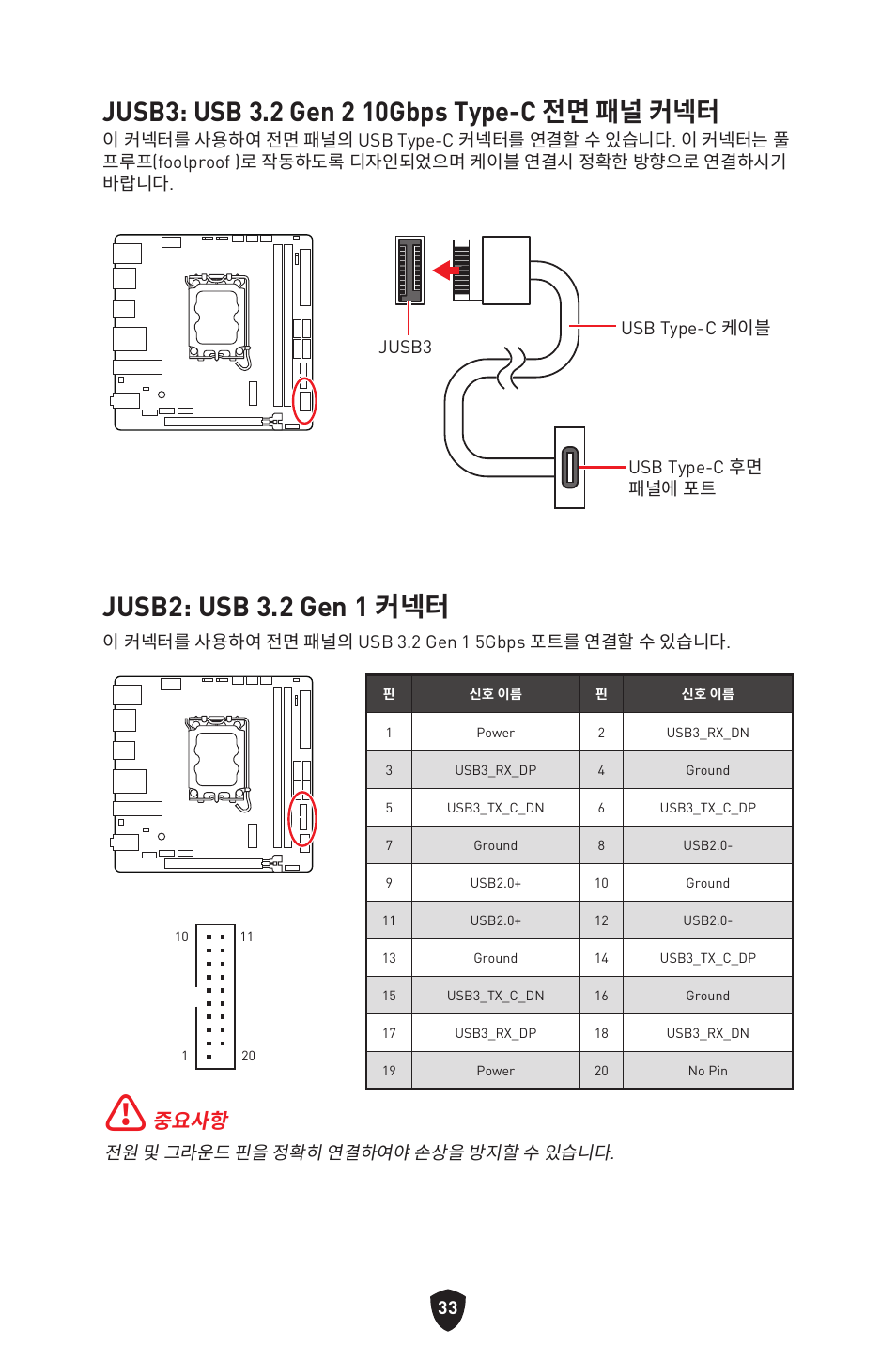 Jusb3: usb 3.2 gen 2 10gbps type-c 전면 패널 커넥터, Jusb2: usb 3.2 gen 1 커넥터, 중요사항 | MSI MPG B760I EDGE WIFI LGA 1700 Mini-ITX Motherboard User Manual | Page 281 / 405