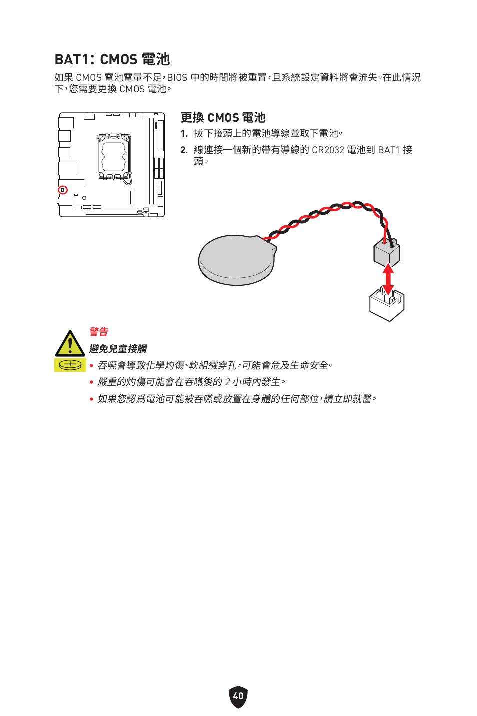 Bat1： cmos 電池, 更換 cmos 電池 | MSI MPG B760I EDGE WIFI LGA 1700 Mini-ITX Motherboard User Manual | Page 337 / 405