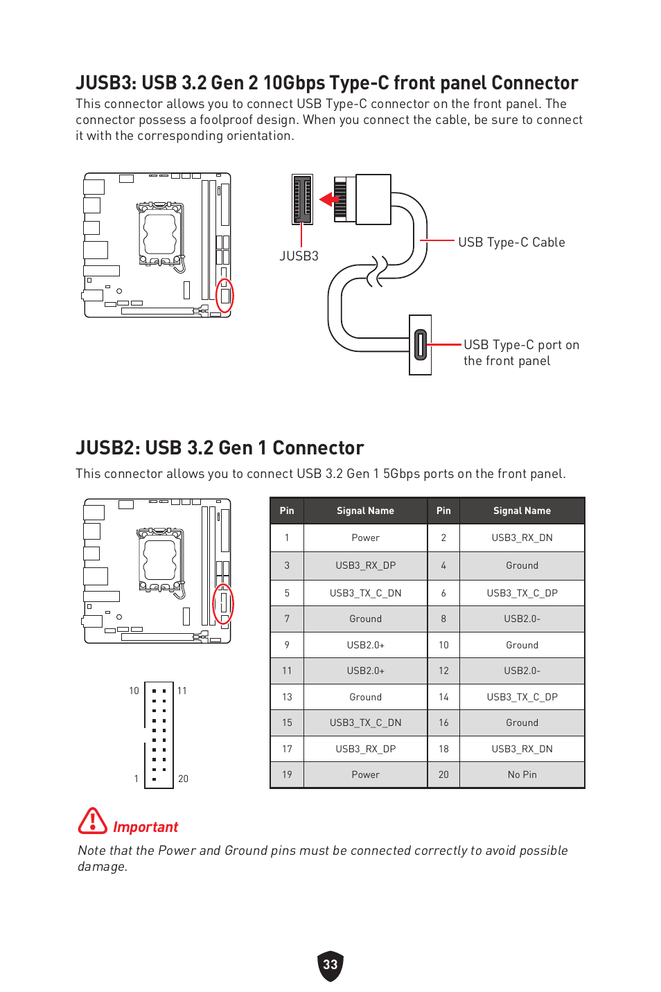 Jusb2: usb 3.2 gen 1 connector, Important | MSI MPG B760I EDGE WIFI LGA 1700 Mini-ITX Motherboard User Manual | Page 35 / 405