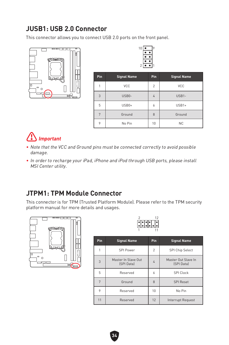 Jusb1: usb 2.0 connector, Jtpm1: tpm module connector, Important | MSI MPG B760I EDGE WIFI LGA 1700 Mini-ITX Motherboard User Manual | Page 36 / 405