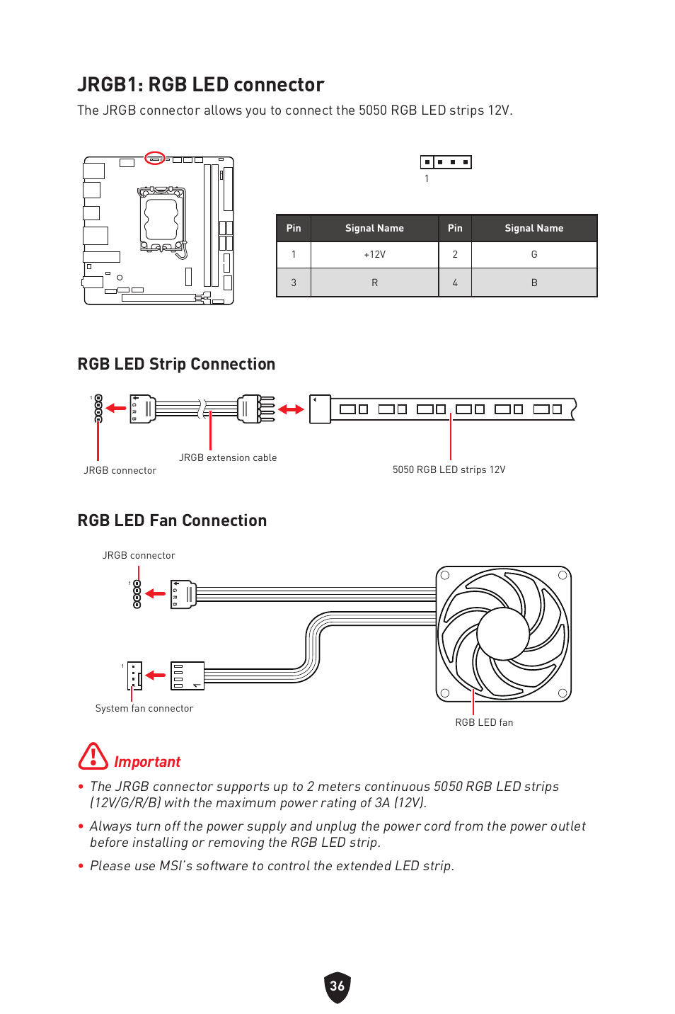 Jrgb1: rgb led connector, Rgb led strip connection, Rgb led fan connection | Important | MSI MPG B760I EDGE WIFI LGA 1700 Mini-ITX Motherboard User Manual | Page 38 / 405