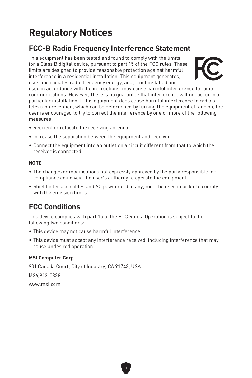 Regulatory notices, Fcc-b radio frequency interference statement, Fcc conditions | MSI MPG B760I EDGE WIFI LGA 1700 Mini-ITX Motherboard User Manual | Page 397 / 405