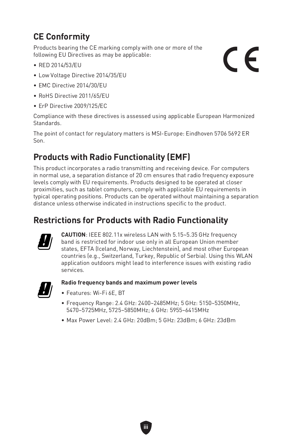 Ce conformity, Products with radio functionality (emf), Restrictions for products with radio functionality | MSI MPG B760I EDGE WIFI LGA 1700 Mini-ITX Motherboard User Manual | Page 398 / 405