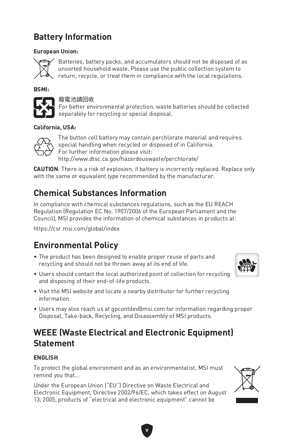 Battery information, Chemical substances information, Environmental policy | MSI MPG B760I EDGE WIFI LGA 1700 Mini-ITX Motherboard User Manual | Page 400 / 405