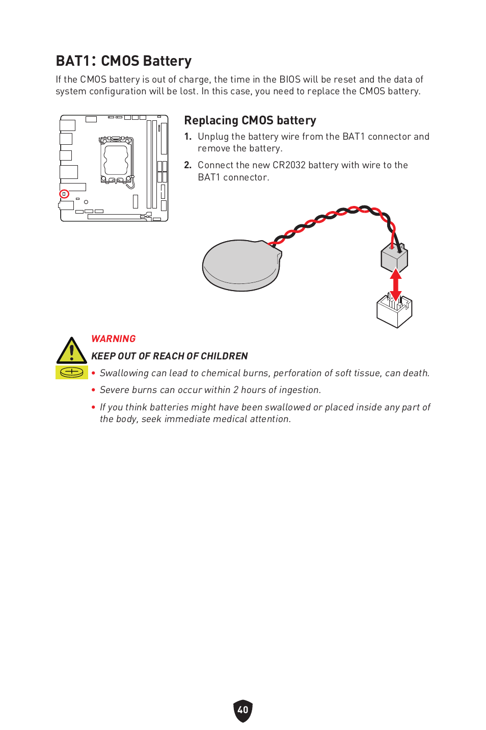 Bat1： cmos battery, Replacing cmos battery | MSI MPG B760I EDGE WIFI LGA 1700 Mini-ITX Motherboard User Manual | Page 42 / 405