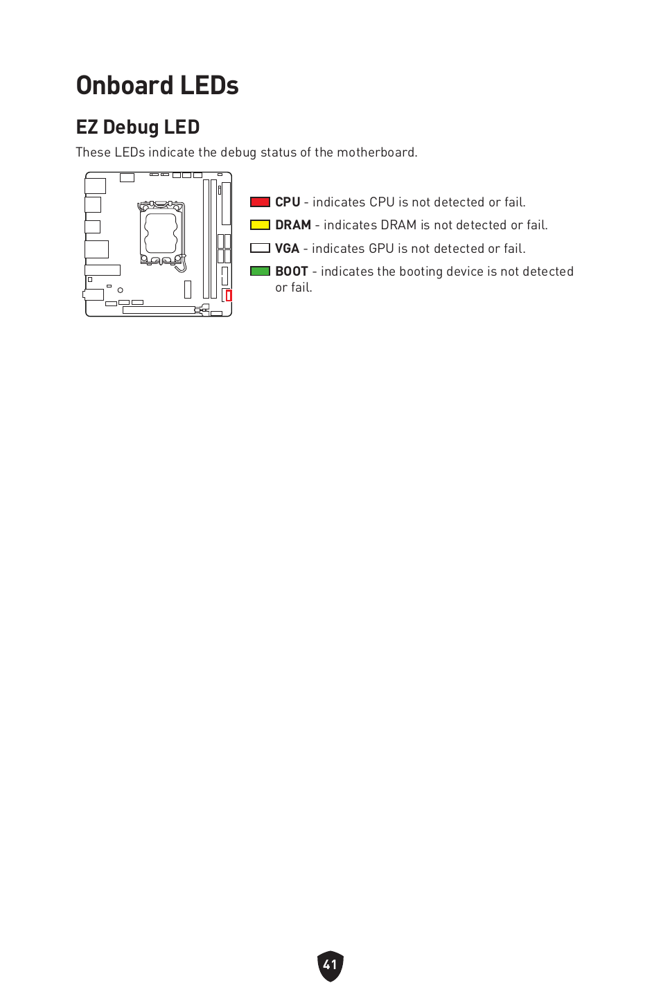 Onboard leds, Ez debug led | MSI MPG B760I EDGE WIFI LGA 1700 Mini-ITX Motherboard User Manual | Page 43 / 405