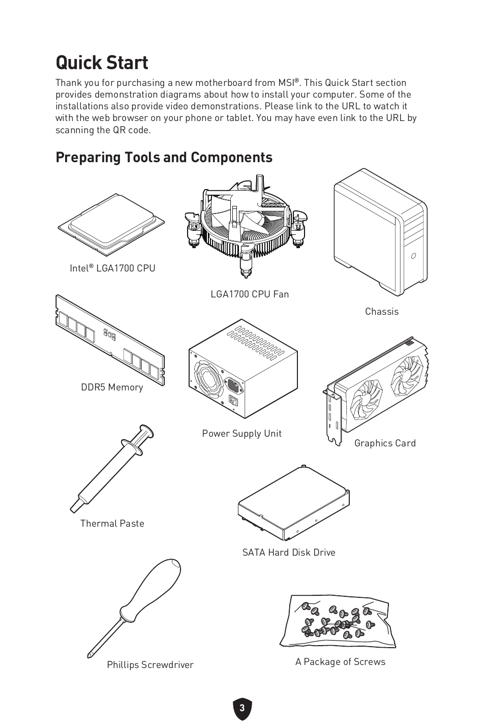 Quick start, Preparing tools and components | MSI MPG B760I EDGE WIFI LGA 1700 Mini-ITX Motherboard User Manual | Page 5 / 405