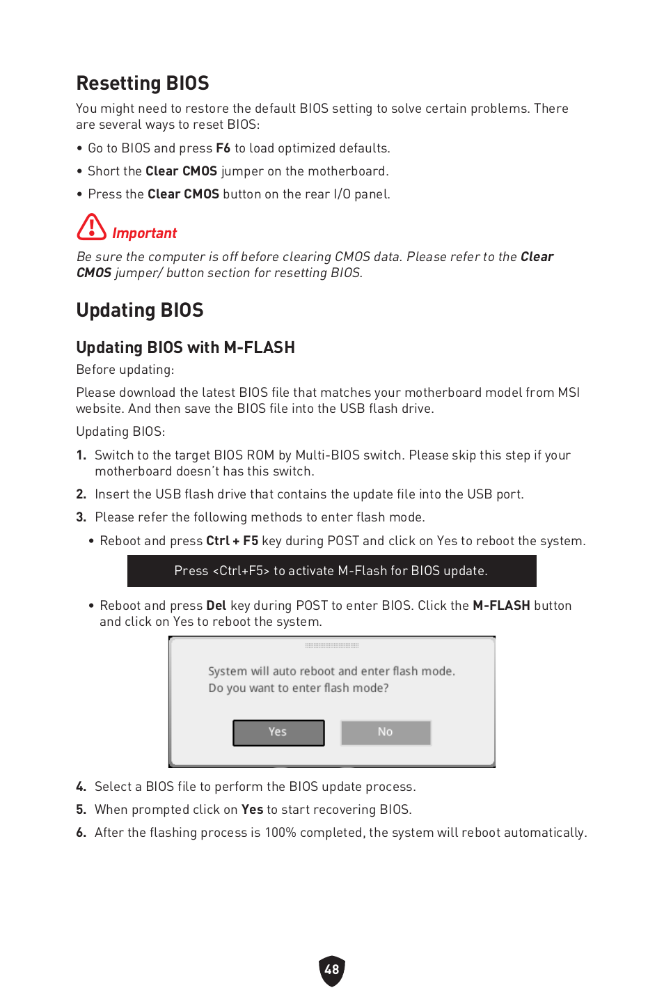 Resetting bios, Updating bios, Resetting bios updating bios | Updating bios with m-flash | MSI MPG B760I EDGE WIFI LGA 1700 Mini-ITX Motherboard User Manual | Page 50 / 405