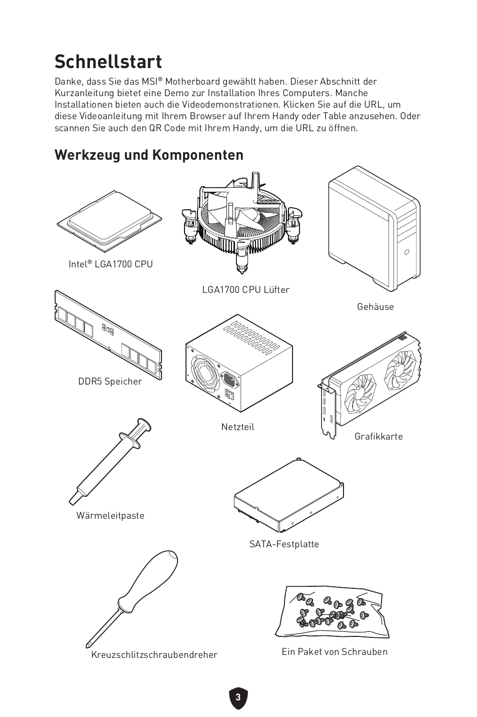 Schnellstart, Werkzeug und komponenten | MSI MPG B760I EDGE WIFI LGA 1700 Mini-ITX Motherboard User Manual | Page 54 / 405