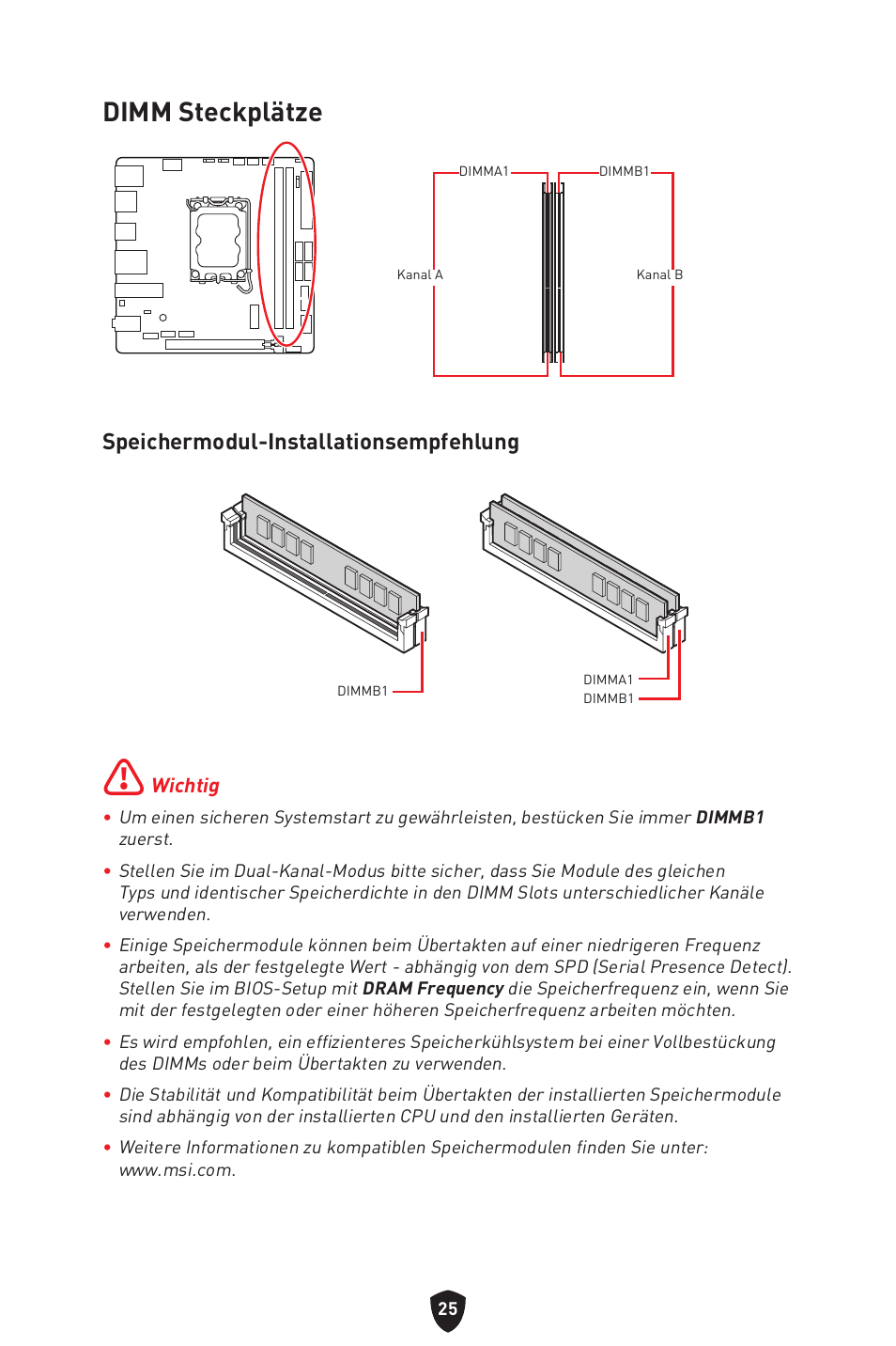 Dimm steckplätze, Speichermodul-installationsempfehlung | MSI MPG B760I EDGE WIFI LGA 1700 Mini-ITX Motherboard User Manual | Page 76 / 405