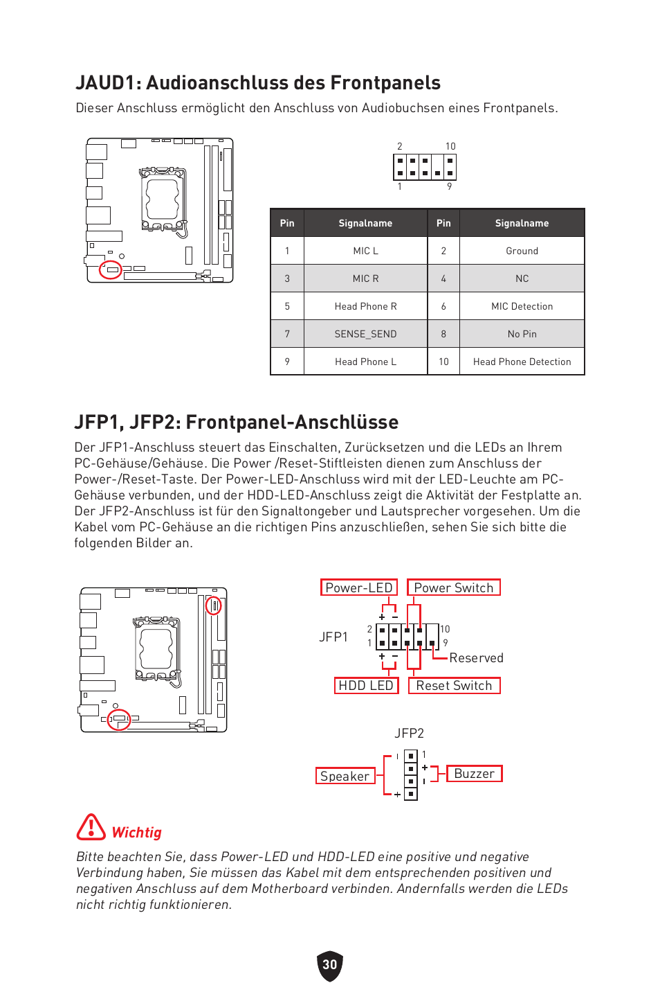 Jaud1: audioanschluss des frontpanels, Jfp1, jfp2: frontpanel-anschlüsse, Wichtig | MSI MPG B760I EDGE WIFI LGA 1700 Mini-ITX Motherboard User Manual | Page 81 / 405