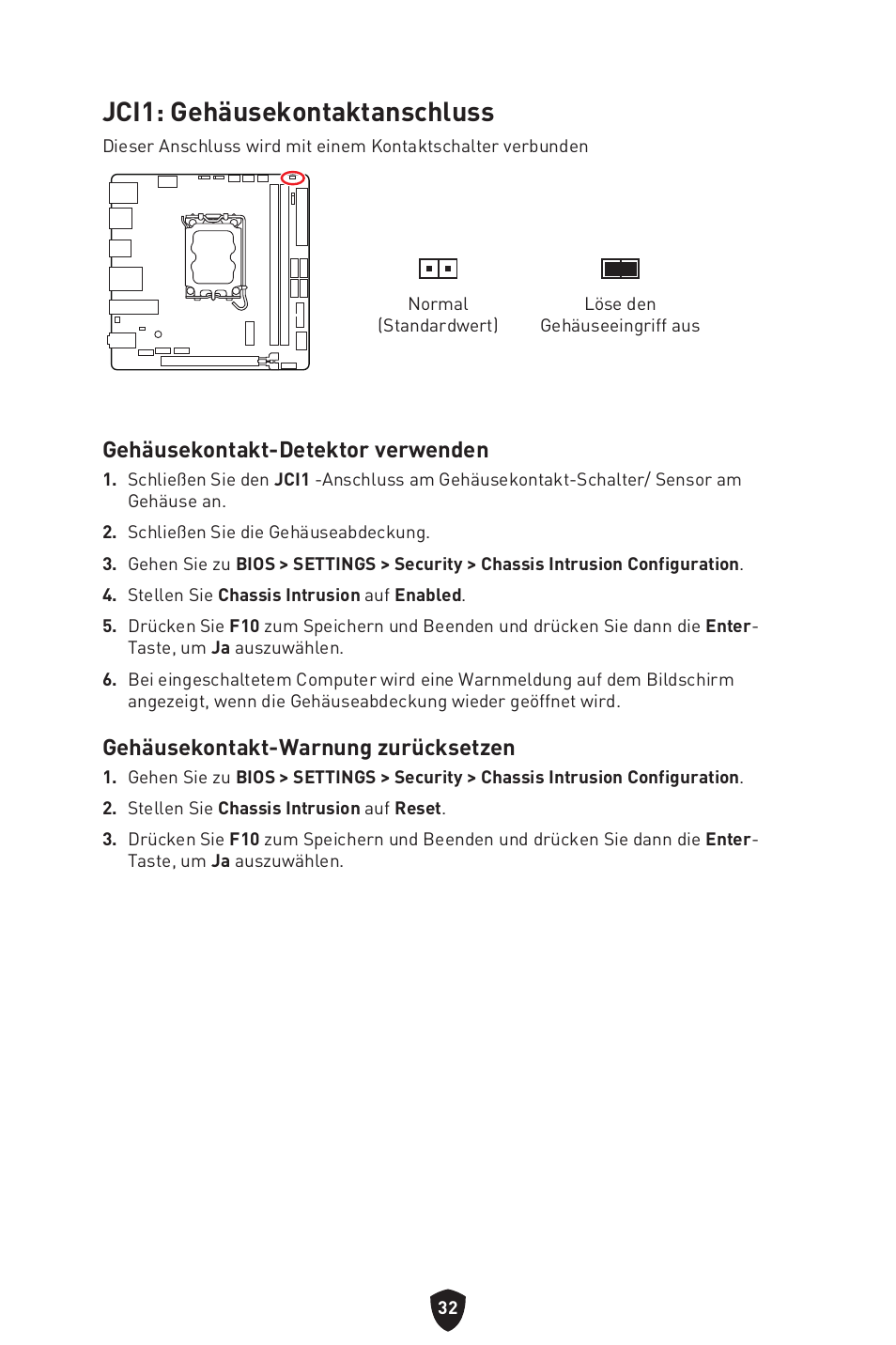 Jci1: gehäusekontaktanschluss, Gehäusekontakt-detektor verwenden, Gehäusekontakt-warnung zurücksetzen | MSI MPG B760I EDGE WIFI LGA 1700 Mini-ITX Motherboard User Manual | Page 83 / 405