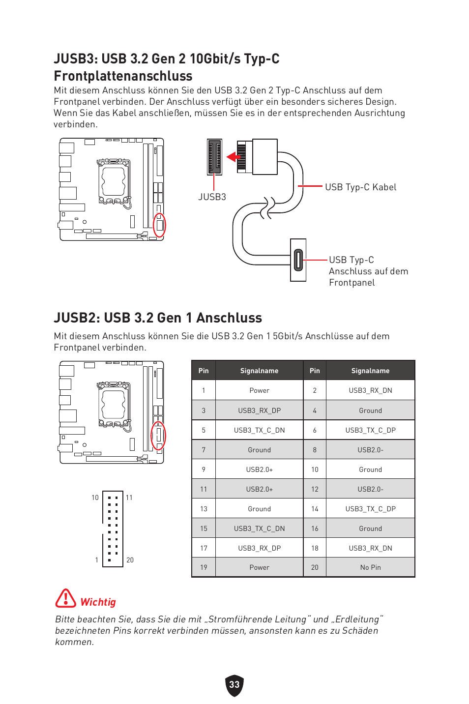 Jusb2: usb 3.2 gen 1 anschluss, Wichtig | MSI MPG B760I EDGE WIFI LGA 1700 Mini-ITX Motherboard User Manual | Page 84 / 405