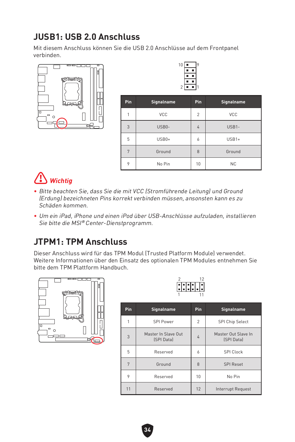 Jusb1: usb 2.0 anschluss, Jtpm1: tpm anschluss, Jusb1: usb 2.0 anschluss jtpm1: tpm anschluss | Wichtig | MSI MPG B760I EDGE WIFI LGA 1700 Mini-ITX Motherboard User Manual | Page 85 / 405