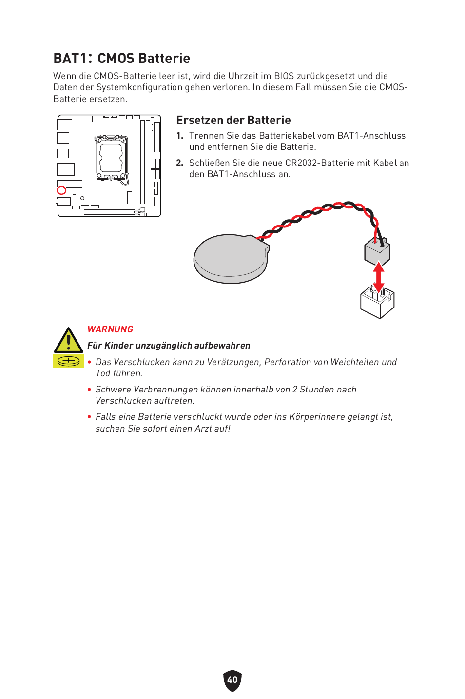 Bat1： cmos batterie, Ersetzen der batterie | MSI MPG B760I EDGE WIFI LGA 1700 Mini-ITX Motherboard User Manual | Page 91 / 405