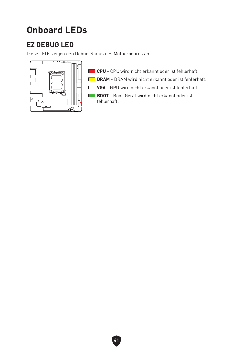 Onboard leds, Ez debug led | MSI MPG B760I EDGE WIFI LGA 1700 Mini-ITX Motherboard User Manual | Page 92 / 405